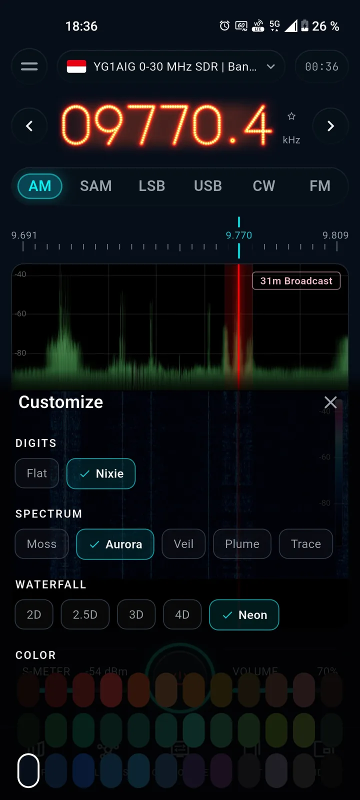 SwR Customize panel with the spectrum and waterfall style options