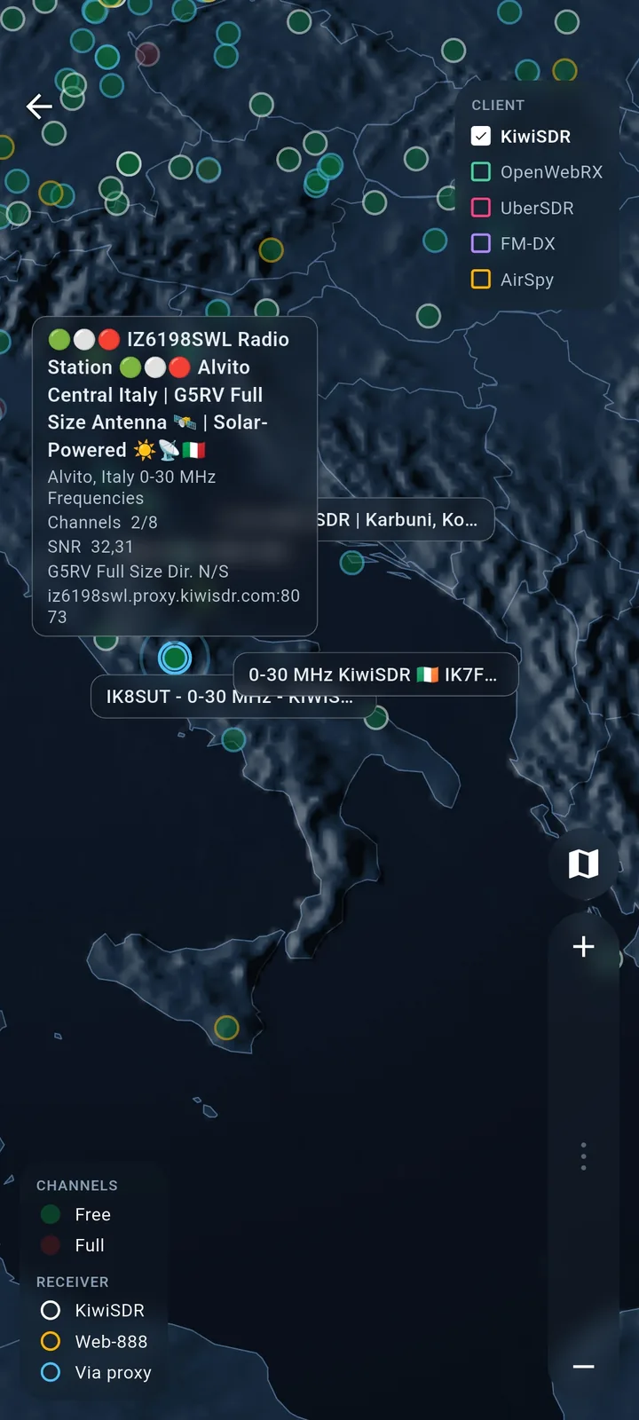 SwR map zoomed on Italian receivers with a station detail popup