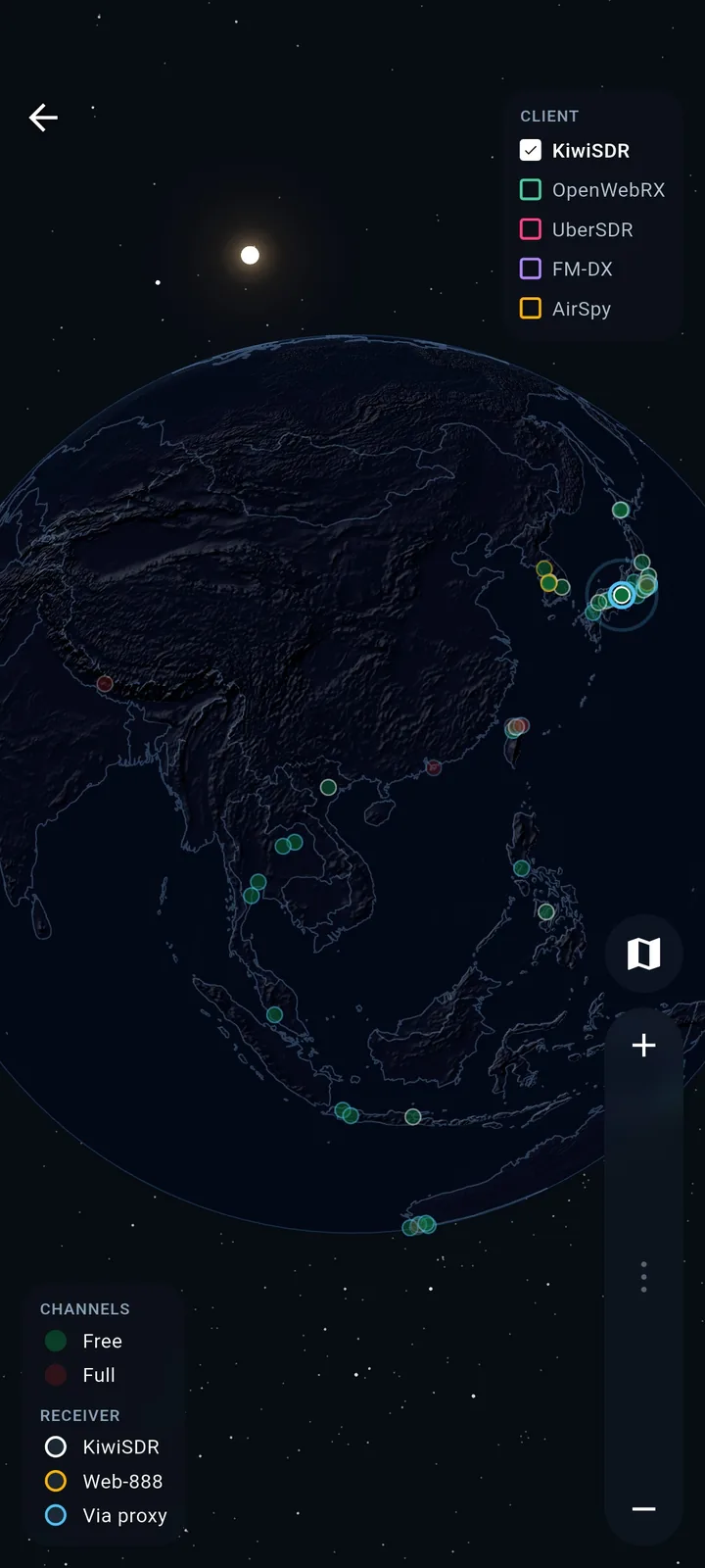 SwR 3D globe with KiwiSDR receivers across Asia and the day-night terminator